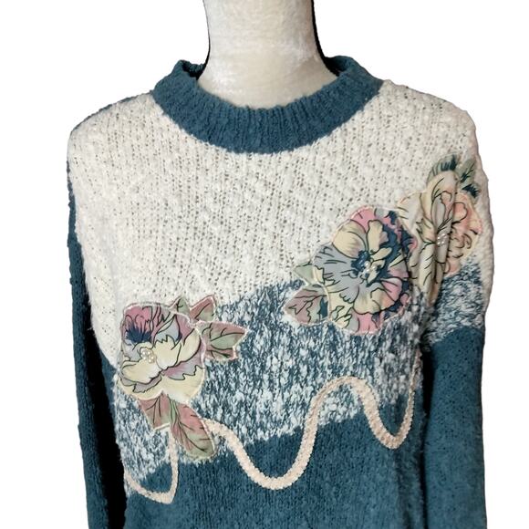 Vintage Needles & Yarn Nubby Textured Flower Applique Sweater Crew Neck 80s 90s - Picture 2 of 7